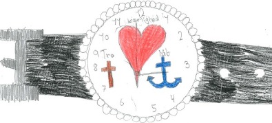 børnetegning - ur med tro, håb og kærlighed