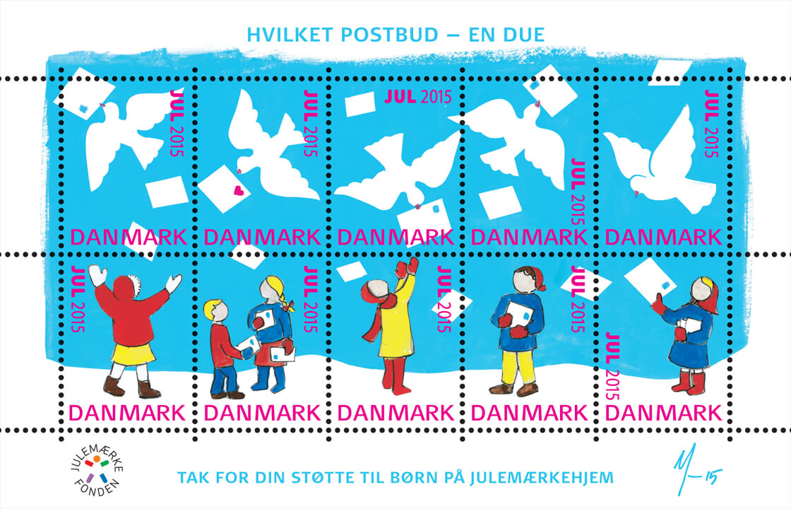 Julemærket 2015 - 'Hvilket postbud - en due' af Hendes Majestæt Dronning Margrethe