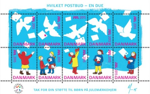 Hvide duer med julepost. Julemærket 2015. HKH Dronning Margrethe