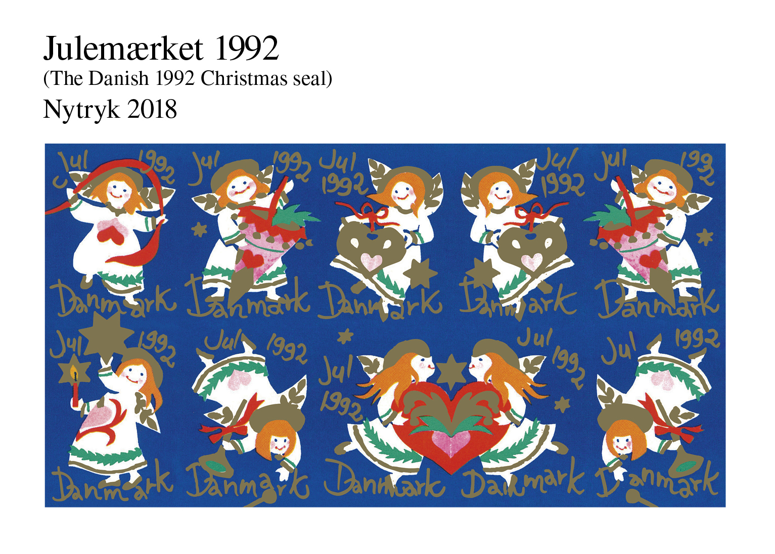Nytryk af Julemærket 1992 - Glade englebørn på gyldne vinger af Eva-Maria Wiehe
